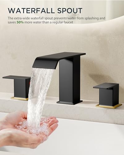FORIOUS Bathroom Faucet 3 Hole, 8 Inch Widespread Sink Faucet Black and Gold - Image 4