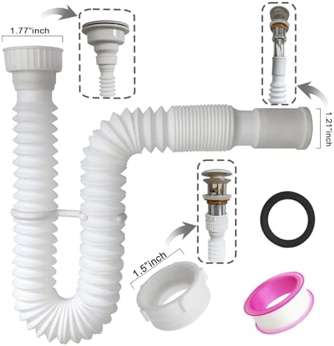 White Flexible Expandable Bathroom P Trap, 1 1/4 to 1 1/2 Sink Drain Adapter - Image 2