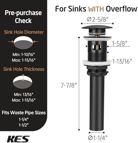 KES Bathroom Sink Drain with Overflow Pop Up Matte Black Brass & Stainless - Image 6