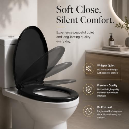 Black Elongated Toilet Seat, 18.5 x 14.2 Inch Durable Plastic Toilet Seat - Image 2