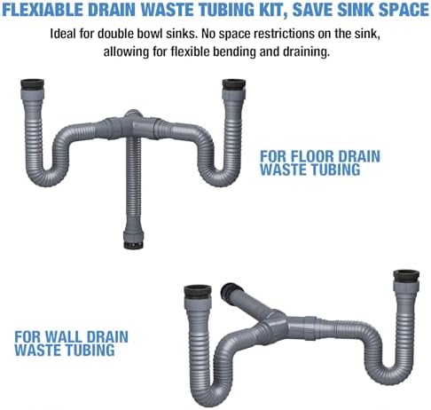 NiHome Double Kitchen Sink Drain Kit, Flexible P-Trap 1-1/2" 1-1/4" w/Tape - Image 5