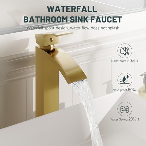 Brushed Gold Vessel Sink Faucet, Waterfall Bathroom Faucets - Image 3