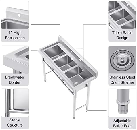 WILPREP NSF Stainless Steel 3 Compartment Commercial Sink 11x10x10 Inch Basins - Image 4