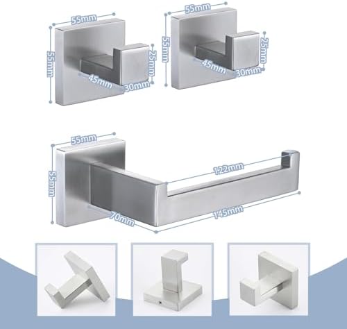 Toilet Paper Holder Set with 2 Square Robe Hooks, Brushed Nickel - Image 2