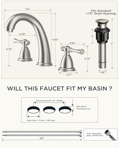 FORIOUS Bathroom Faucet 3 Hole Widespread 8" Sink Faucets Brushed Nickel - Image 2