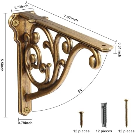 Khtumeware 8 Pack Antique Brass Shelf Bracket 8 Inch, Decorative Brackets - Image 2