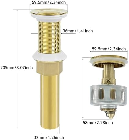 Bathroom Sink Drain, Drain Stopper Gold Stainless Steel Bathroom Sink Without - Image 2
