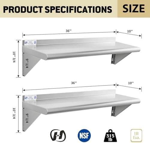 Hally Stainless Steel Shelf 2 Pack Wall Mounted Metal Shelves 10"x36" NSF - Image 3