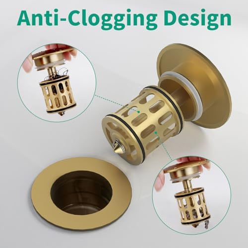 Bathroom Pop up Drain with Overflow, Brushed Gold, with Overflow - Image 3