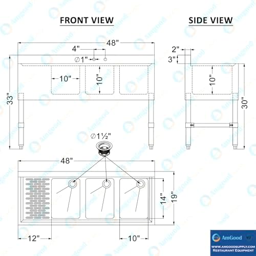 AmGood 48 in. x 18-3/4 in. Three Compartment Under Bar Sink - Image 4