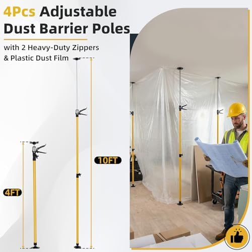 4 Pack 10FT Dust Barrier Poles, Spring Retractable Zipper Wall Poles - Image 2