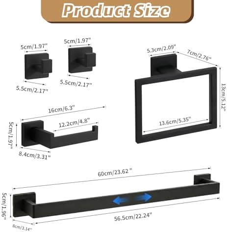 5-Pieces Matte Black Bathroom Accessories Set, 24 Inch Bath Towel Bar Set - Image 4
