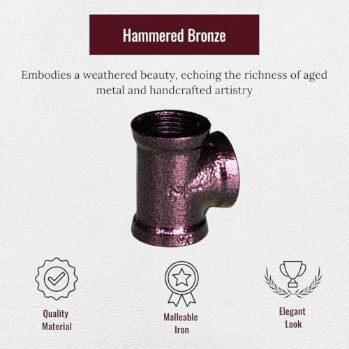 1/2" TEE Industrial Threaded Black Iron Pipe Fittings; Hammered Bronze Finish - Image 2