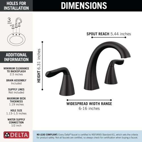 Delta Arvo Matte Black Bathroom Faucet 3 Hole, 8 Inch Widespread Bathroom Sink - Image 5