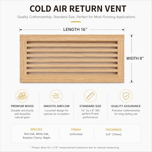 WELLAND® 8 Inch x 16 Inch Red Oak Hardwood Register Cold Air Return Wall Vent - Image 2