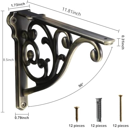 Khtumeware Ornate Decorative Brushed Antique Brass Shelf Brackets, 12 inch Big - Image 2