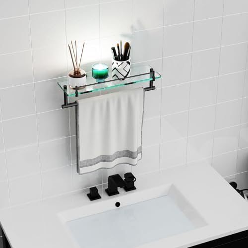 Bathroom Towel Rack with Tempered Glass Shelf 16 Inch, Matte Black Floating - Image 2