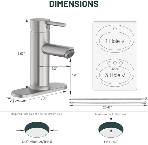Bathroom Faucet for 1 or 3 Holes, Brushed Nickel - Image 2