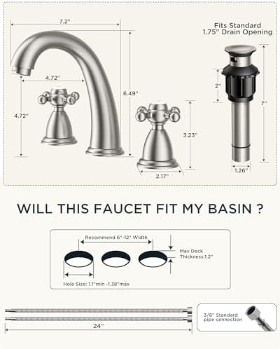 FORIOUS Bathroom Faucet 3 Hole 8 Inch Widespread Sink Brushed Nickel - Image 2