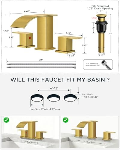 FORIOUS Bathroom Faucet Waterfall 3 Hole 8 Inch Widespread Brushed Gold - Image 6