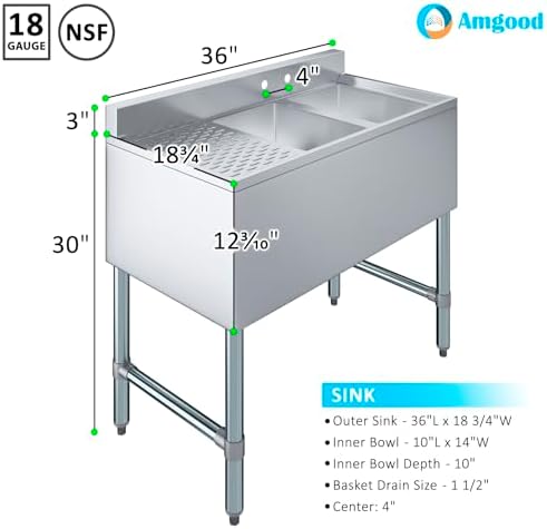 AmGood 36 in. x 19 in. Two Compartment Under Bar Sink - Image 3