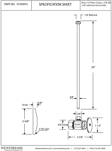 Westbrass D105KFH-25-62 5/8" x 3/8" OD x 20" Flat Head Riser Supply Line Kit - Image 2