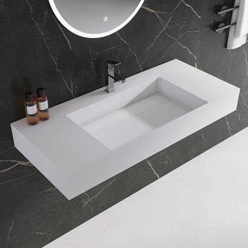 42" x 18" Wall Mount Sink, Stone Resin Rectangular Bathroom Sink by MEDUNJESS