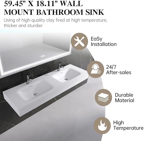 Wall Mount Double Bathroom Sink 59"L x 18"W x 5"H, Resin Stone Floating Sink - Image 4