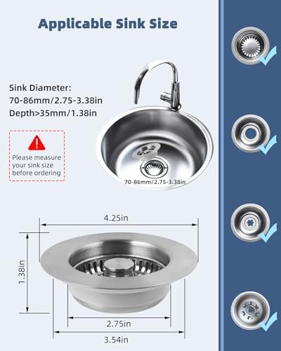 3-in-1 Kitchen Sink Strainer Stopper Combo, Universal Fit, All Metal - Image 5