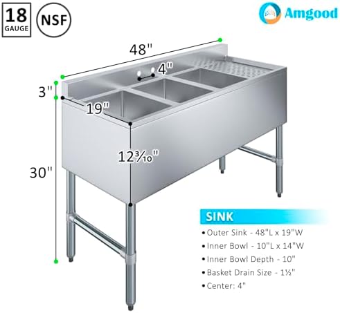 AmGood 48 in. x 18-3/4 in. Three Compartment Under Bar Sink - Image 3