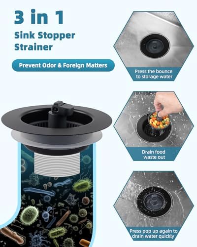 Universal 3 in 1 Kitchen Sink Drain Strainer Stopper Combo, Matteblack - Image 5