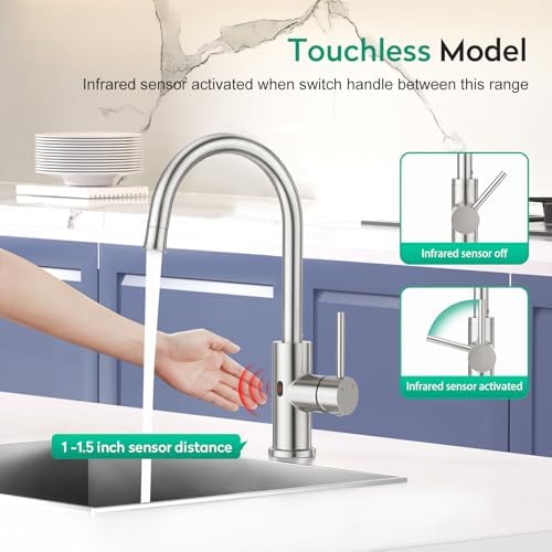 CREA Touchless Kitchen Faucet Infrared Sensor, 2 Water Modes Motion Activated - Image 2