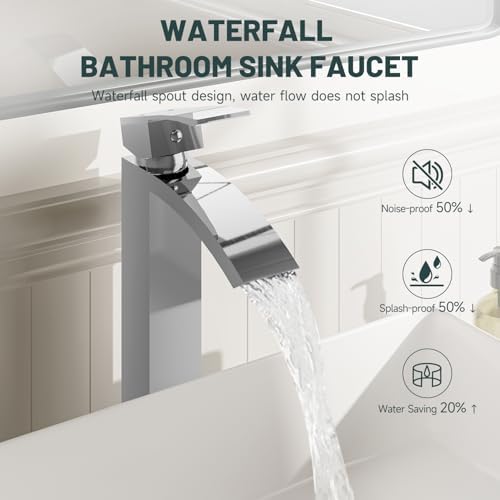 Chrome Vessel Sink Faucet, Waterfall Bathroom Faucets - Image 3