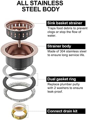 BOTEMY B9171 Copper Kitchen Sink Drain Kit 3 1/2 Sink Strainer - Image 5