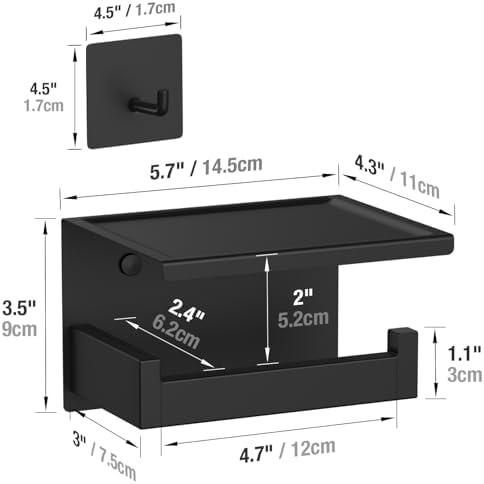 HITSLAM Toilet Paper Holder 4 Hooks Matte Black, Adhesive Mount, No Rotation - Image 2