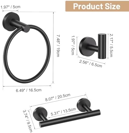 Matte Black Bathroom Hardware Set, Toilet Paper Holder, Towel Ring & Hooks - Image 6