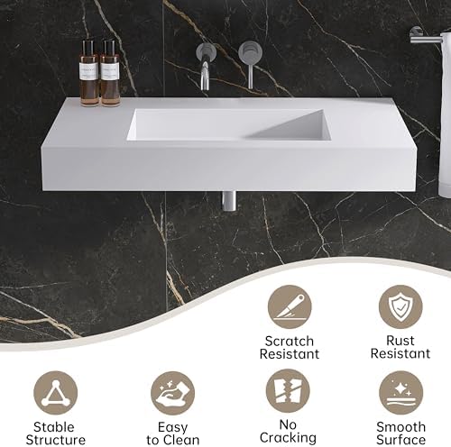35"X19" Wall Mount Sink, Stone Bathroom Sink without Holes - Image 6