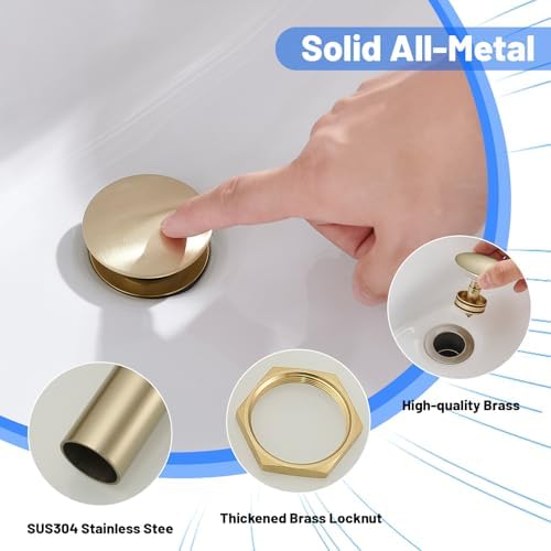 BWE Bathroom Vessel Sink Drain Stopper, No Overflow, Brushed Gold - Image 2