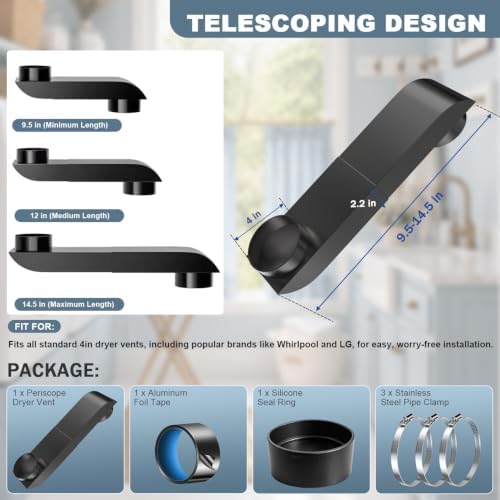 4" Periscope Dryer Vent Kit, 9.5"-14.5" Adjustable Stainless Steel - Image 2