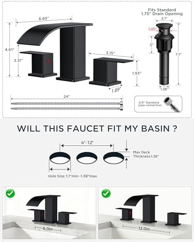 FORIOUS Bathroom Faucet Matte Black Waterfall 3 Hole 8 Inch Widespread - Image 2