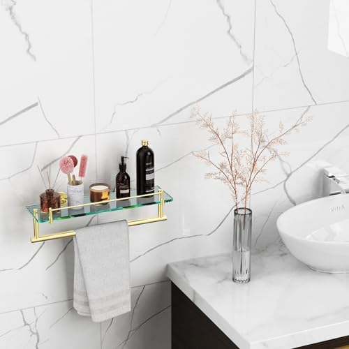 Towel Rack with Shelf 16 Inch, Bathroom Shelf with Towel Bar Tempered Glass - Image 5