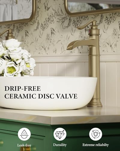 Homevacious Vessel Sink Faucet Brushed Gold Waterfall Tall Bathroom Faucet - Image 5