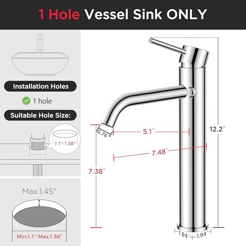 FORIOUS Vessel Sink Faucets Single Handle, Chrome Tall Bathroom Faucet - Image 3