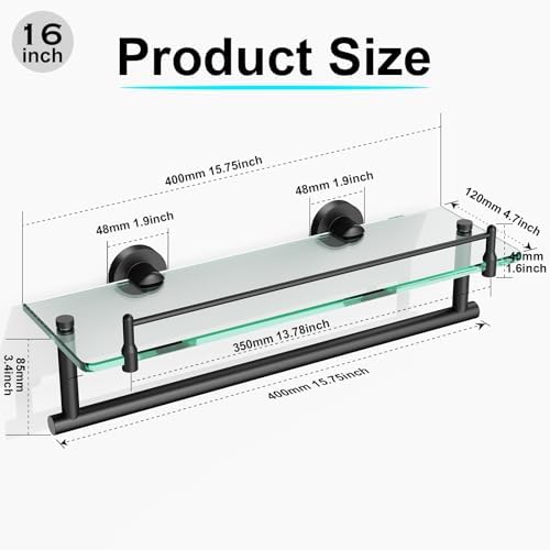 Bathroom Towel Rack with Tempered Glass Shelf 16 Inch, Matte Black Floating - Image 3