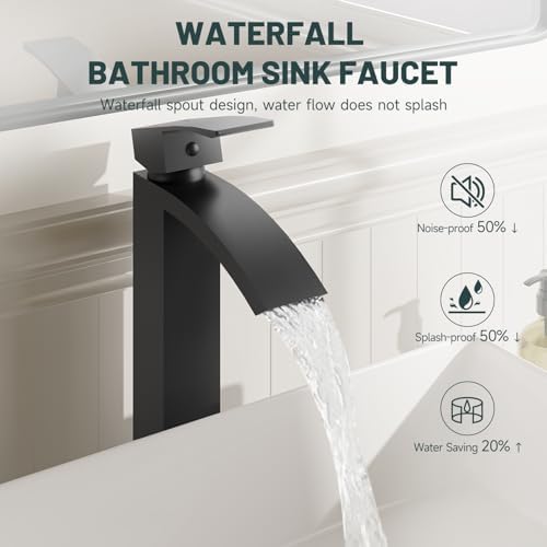 Matte Black Vessel Sink Faucet, Waterfall Bathroom Faucets - Image 3