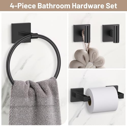 Matte Black Bathroom Accessories, Toilet Paper Holder, Towel Ring & Hooks - Image 2