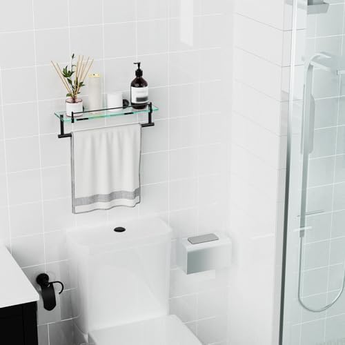 Bathroom Towel Rack with Tempered Glass Shelf 16 Inch, Matte Black Floating - Image 6