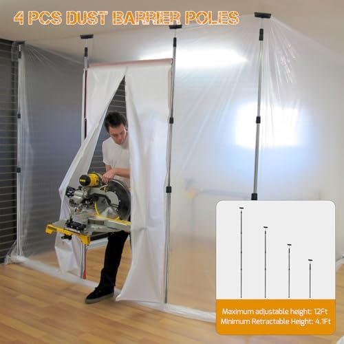 4 Pack Stainless Steel Zipper Walls Poles Kit, 12FT Retractable Efficient - Image 2
