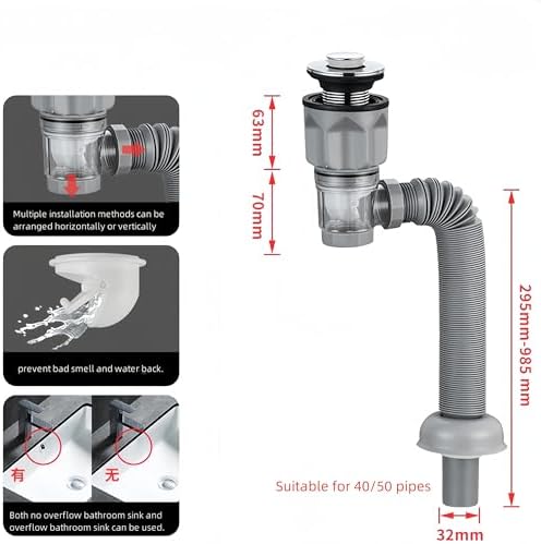 Bathroom Sink Drain Kit with Flexible Expandable P-Trap Sink Drain Pipe Tube - Image 2