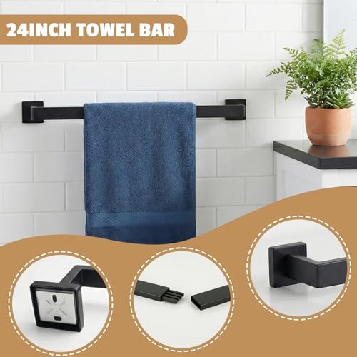 5-Pieces Matte Black Bathroom Accessories Set, 24 Inch Bath Towel Bar Set - Image 2